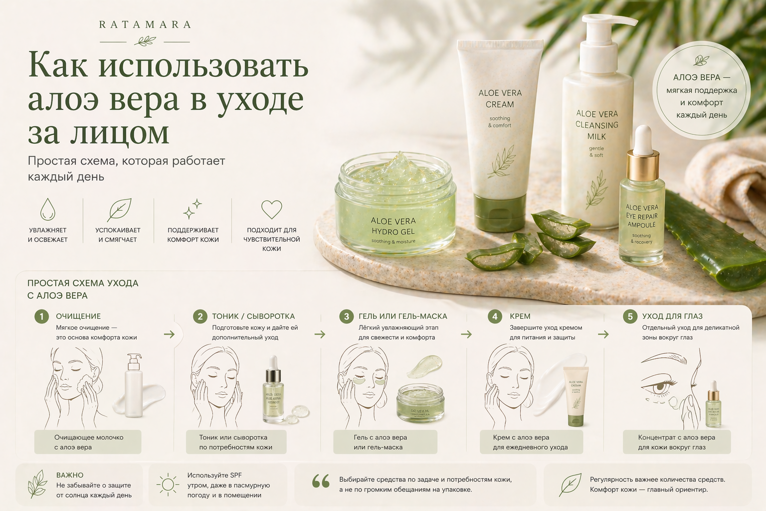 Средства с алоэ вера Ratamara гель крем молочко и концентрат для глаз