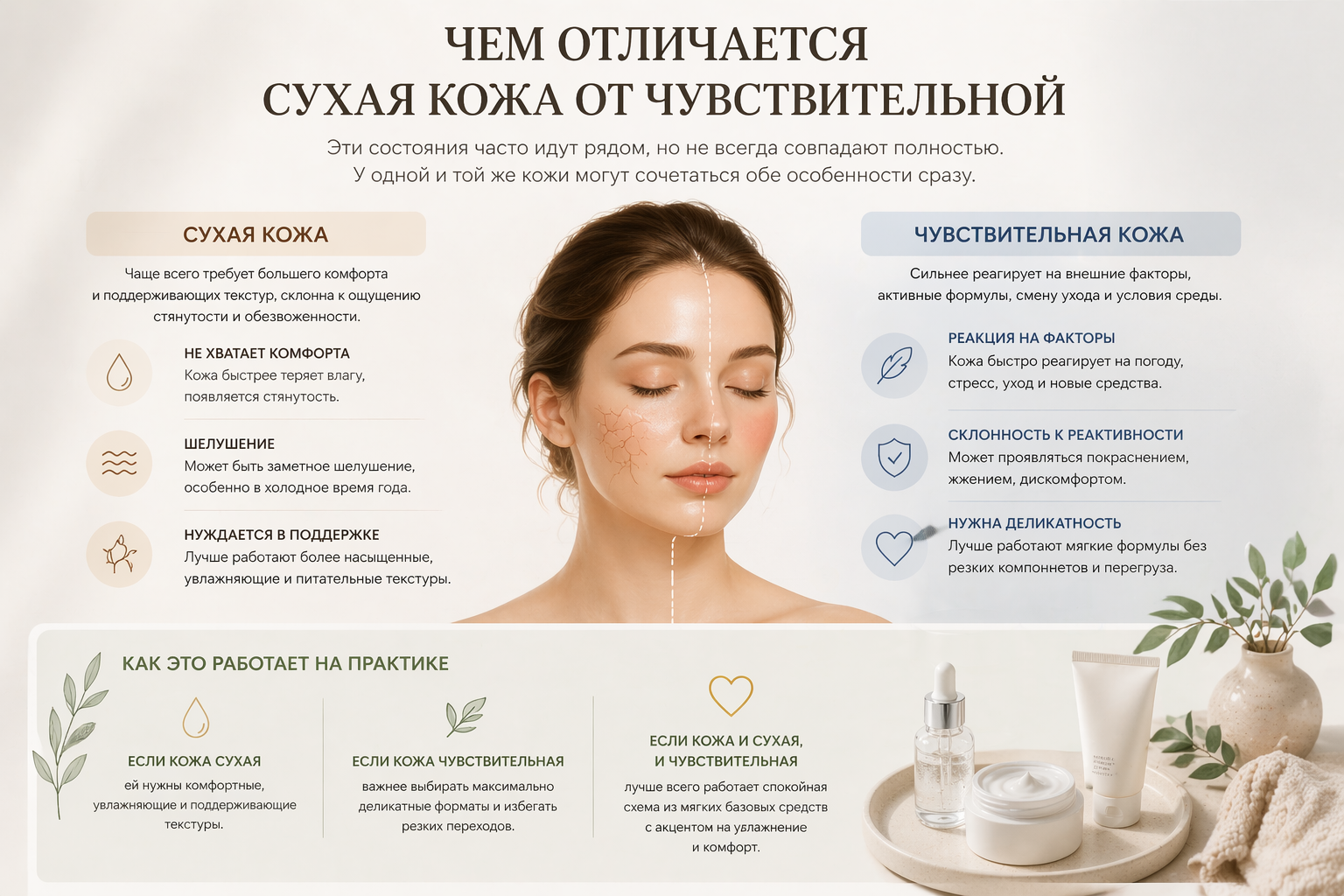 Сухая и чувствительная кожа: как выбрать мягкий домашний уход