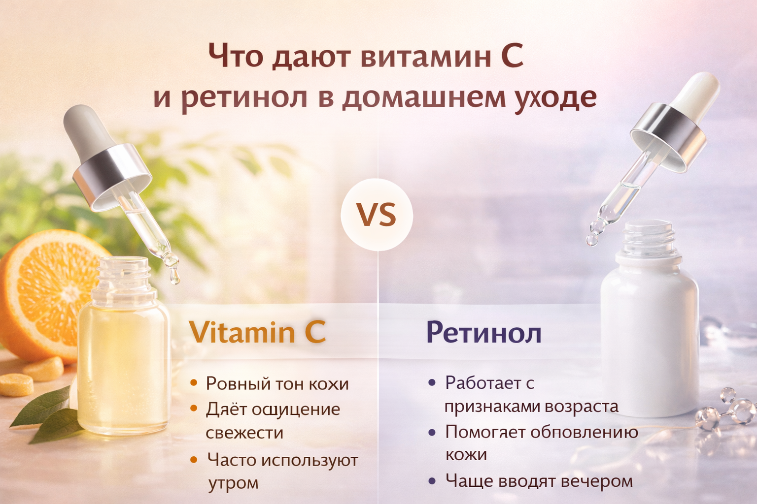 Схема сочетания витамина C и ретинола Схема сочетания витамина C и ретинола в домашнем уходе: утренний и вечерний этапы